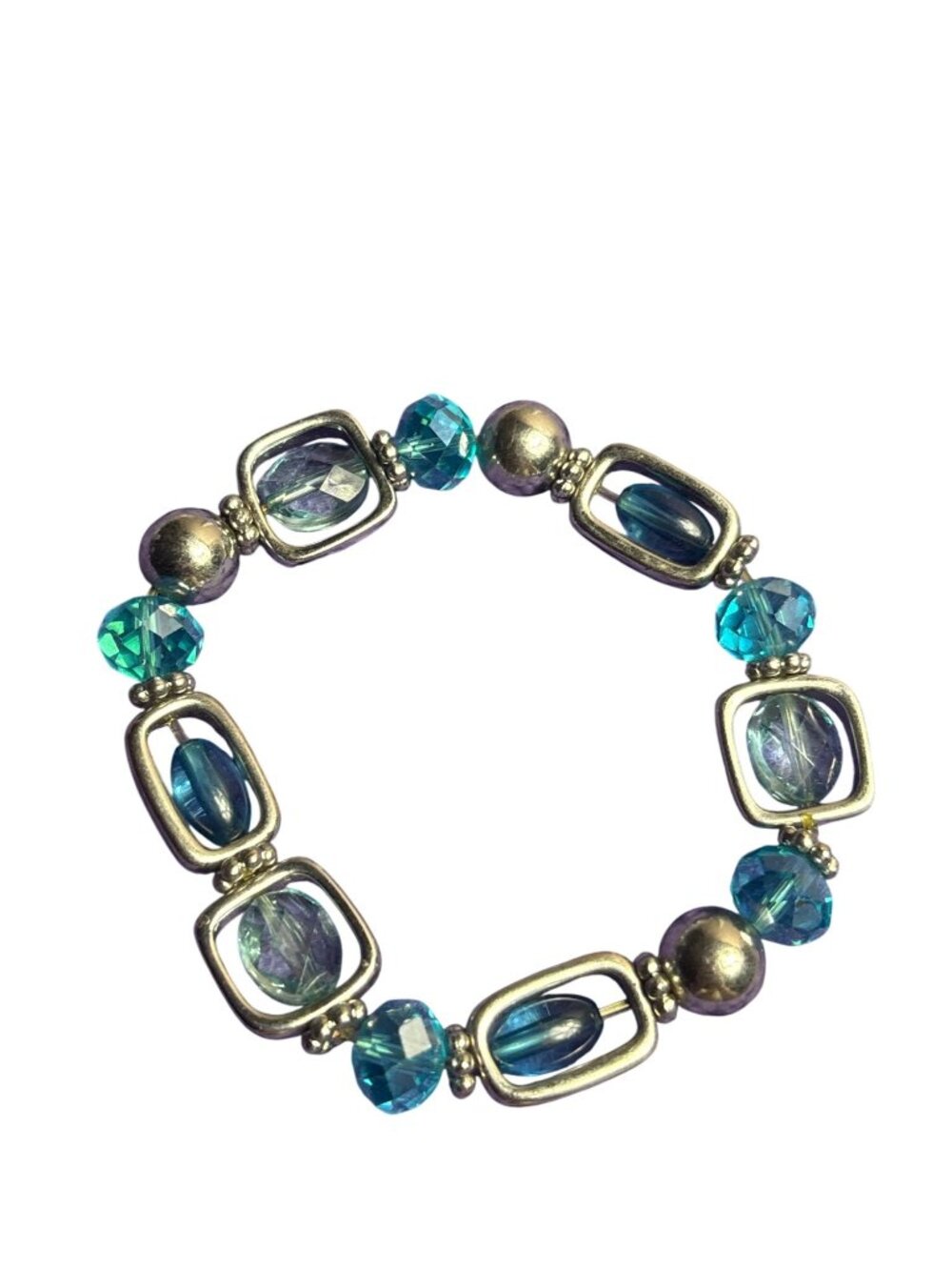 Slightly Stretchy Blue Faceted Glass AB Silvertone Beaded Bracelet 6.5 inches